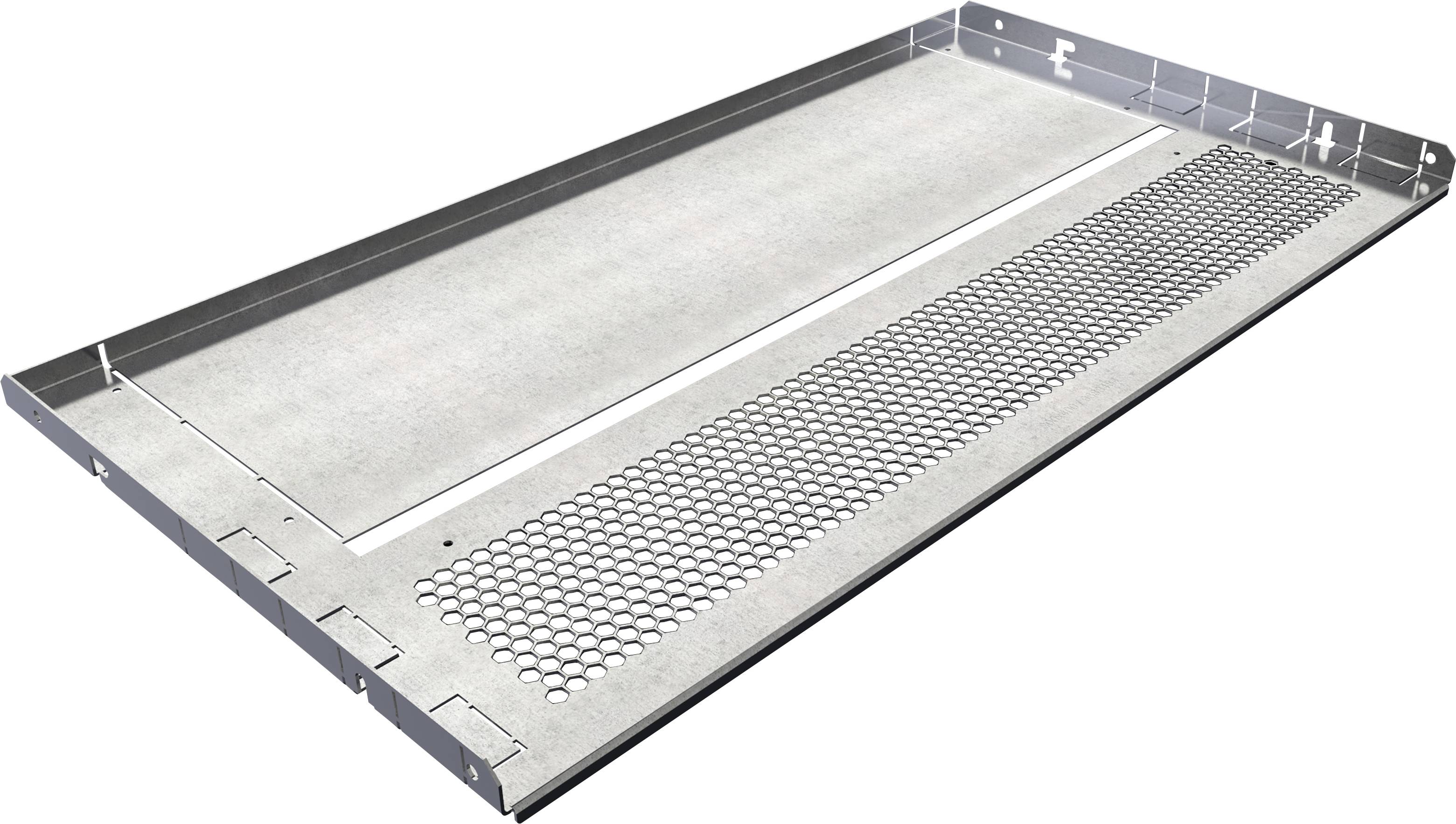 Metalen dienblad met geperforeerde sectie en verhoogde rand, mogelijk gebruikt als afdekking of onderdeel van een ventilatiesysteem.