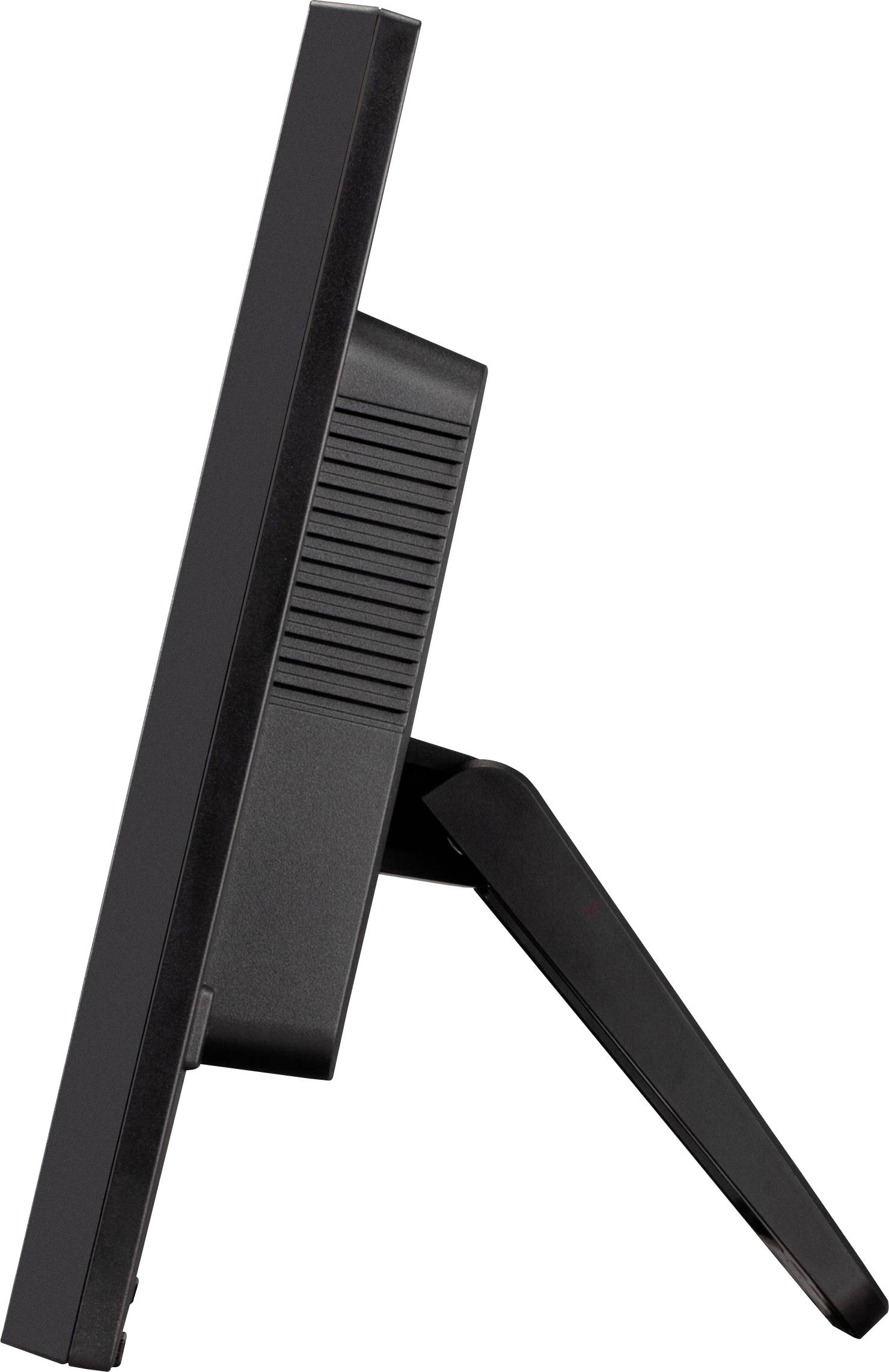 Zijaanzicht van een zwarte monitor met standaard, waarbij te zien is hoe het apparaat op een tafel staat.