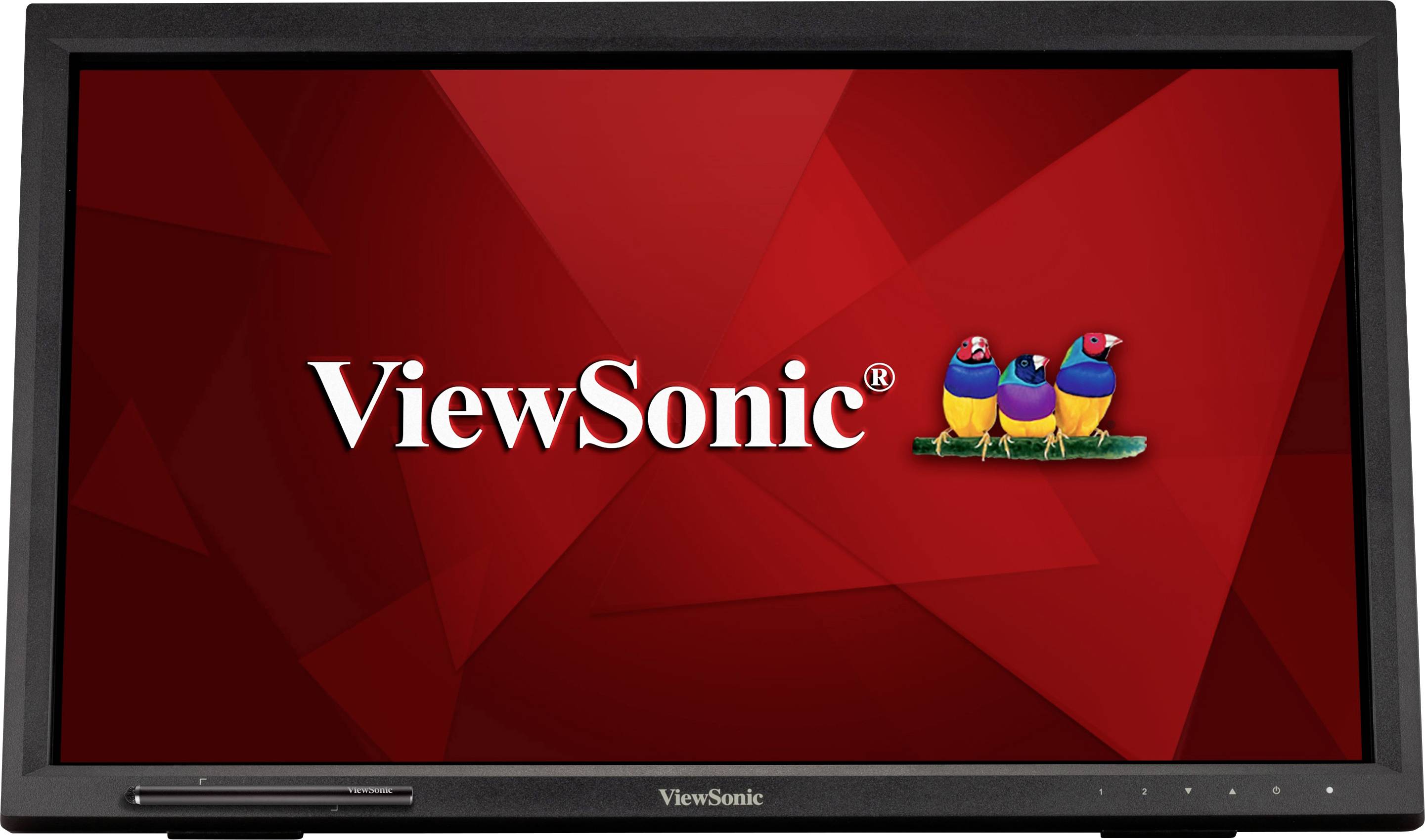 Een monitor met een zwarte rand toont het logo 'ViewSonic' in het wit op een rode achtergrond, naast drie kleurrijke vogels.