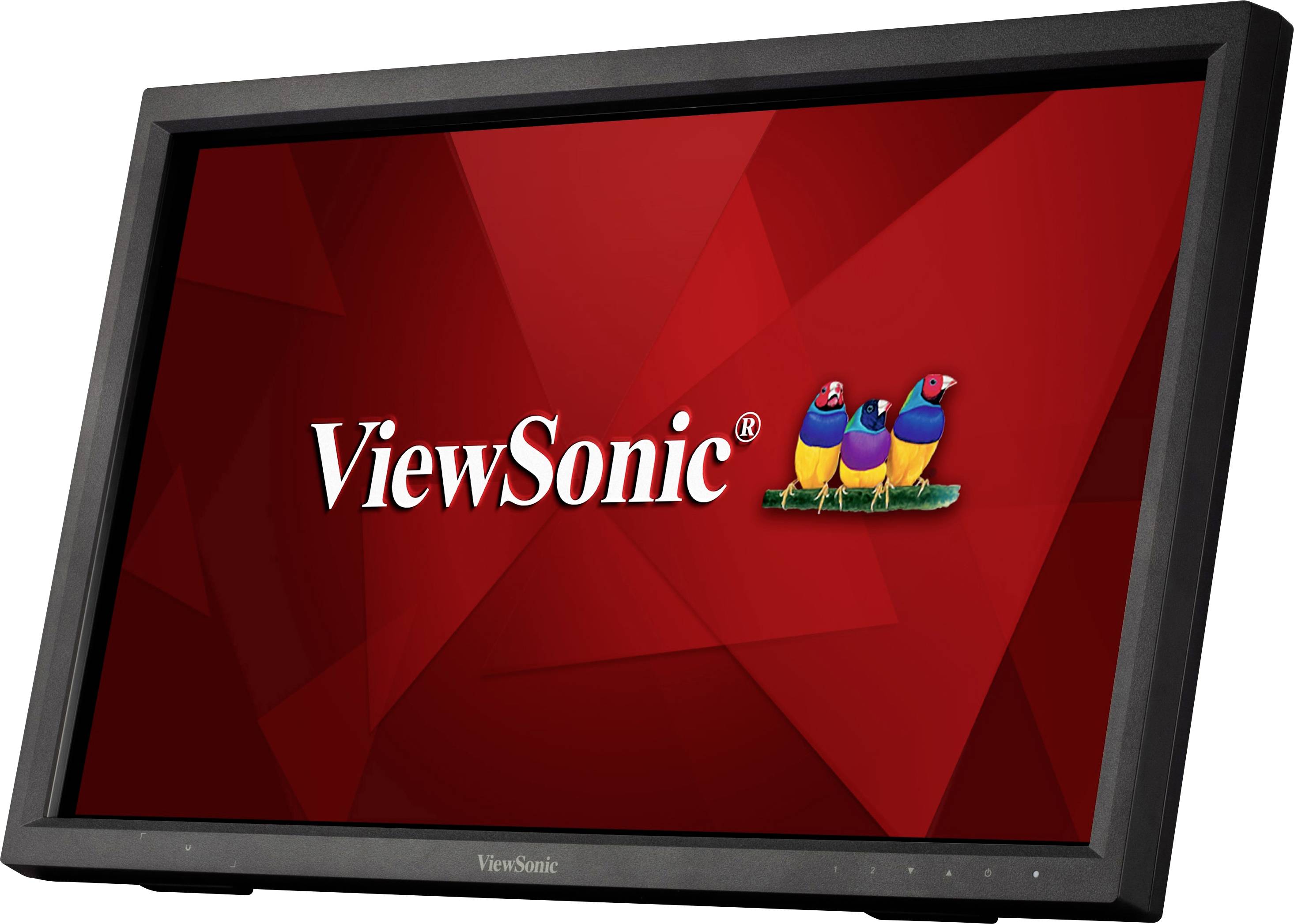Een monitor van het merk ViewSonic met een rode achtergrond en het ViewSonic-logo dat drie kleurrijke vogels voorstelt.