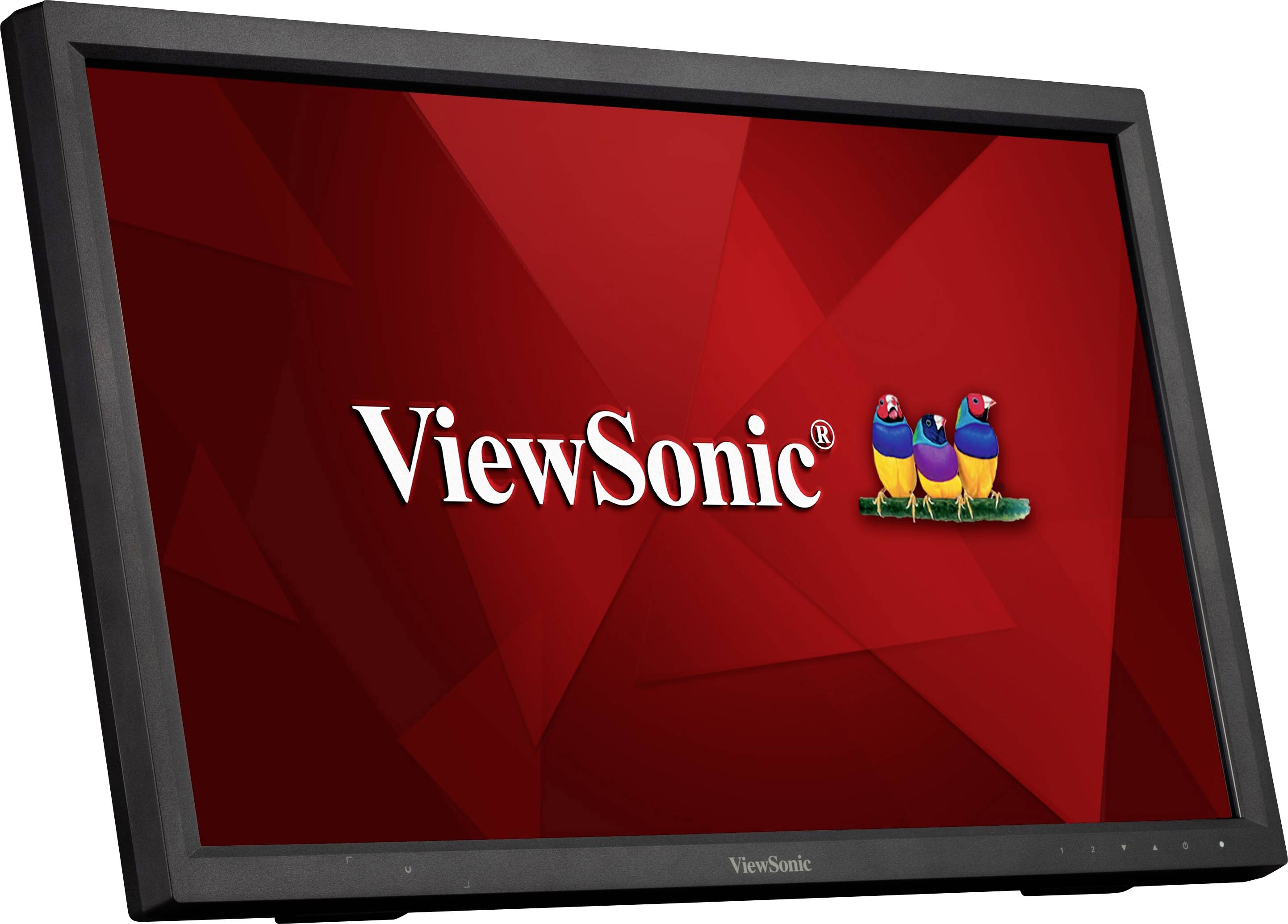 Een zwarte ViewSonic-monitor toont een rode schermachtergrond met de tekst 'ViewSonic' en het logo met drie kleurrijke vogels.