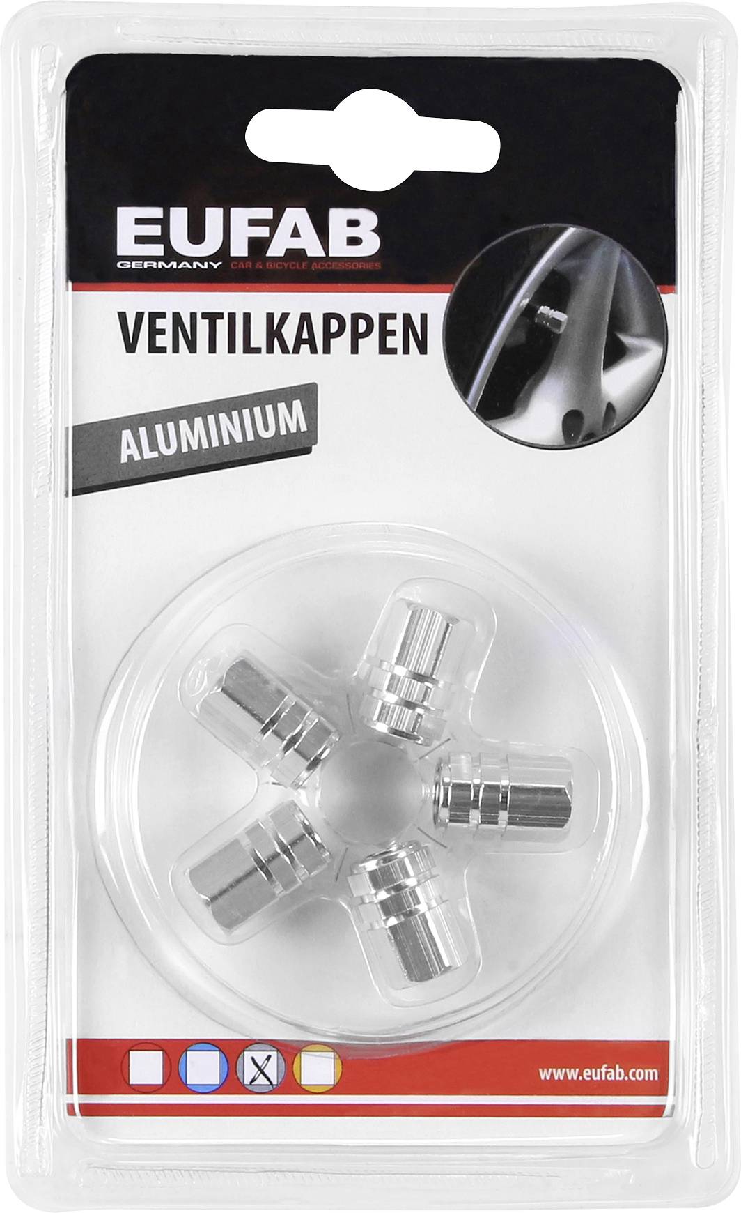 Productverpakking met vier zilveren aluminium ventieldoppen van het merk EUFAB. Verpakking toont een toepassingsgebied in een auto.