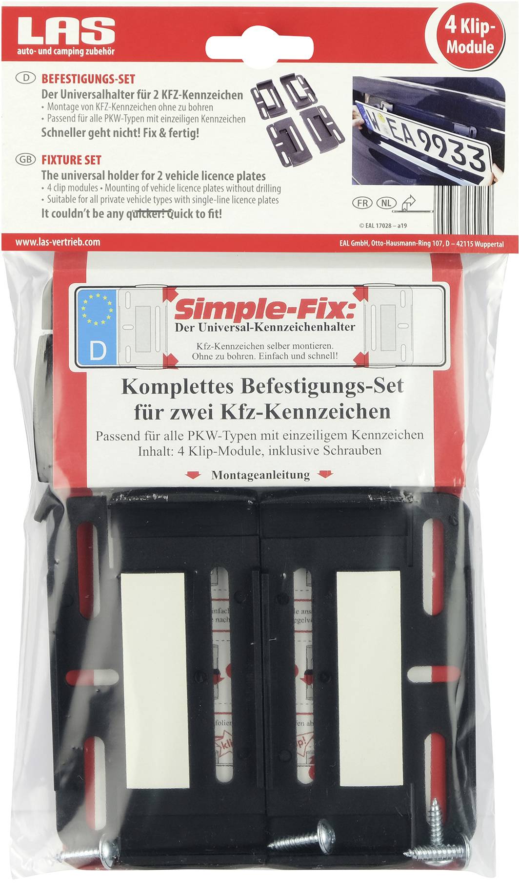 'Compleet bevestigingsset voor twee kentekens' in verpakking. Bevat 4 clipmodules en schroeven, geschikt voor vele automodellen.