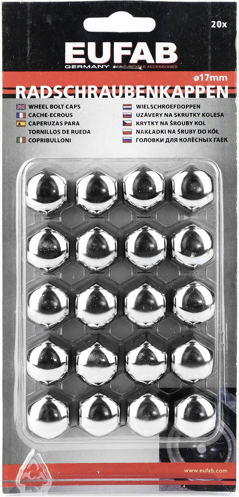 Wielmoerdoppen EUFAB Ø17mm, 20 stuks, zilver, afgebeeld in verpakking. Geschikt voor auto's, voor het afdekken van wielbouten.