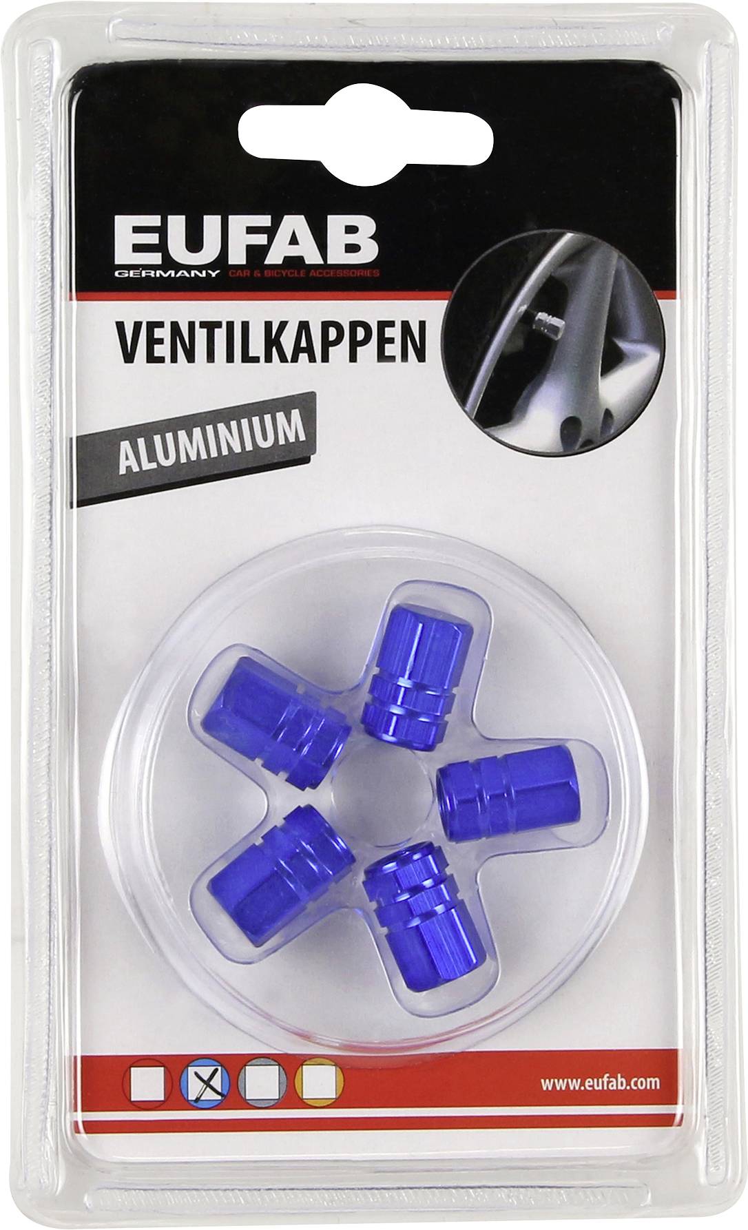Verpakking met vier blauwe aluminium ventieldoppen van EUFAB, afgebeeld in een transparante kunststof doos met productinformatie.