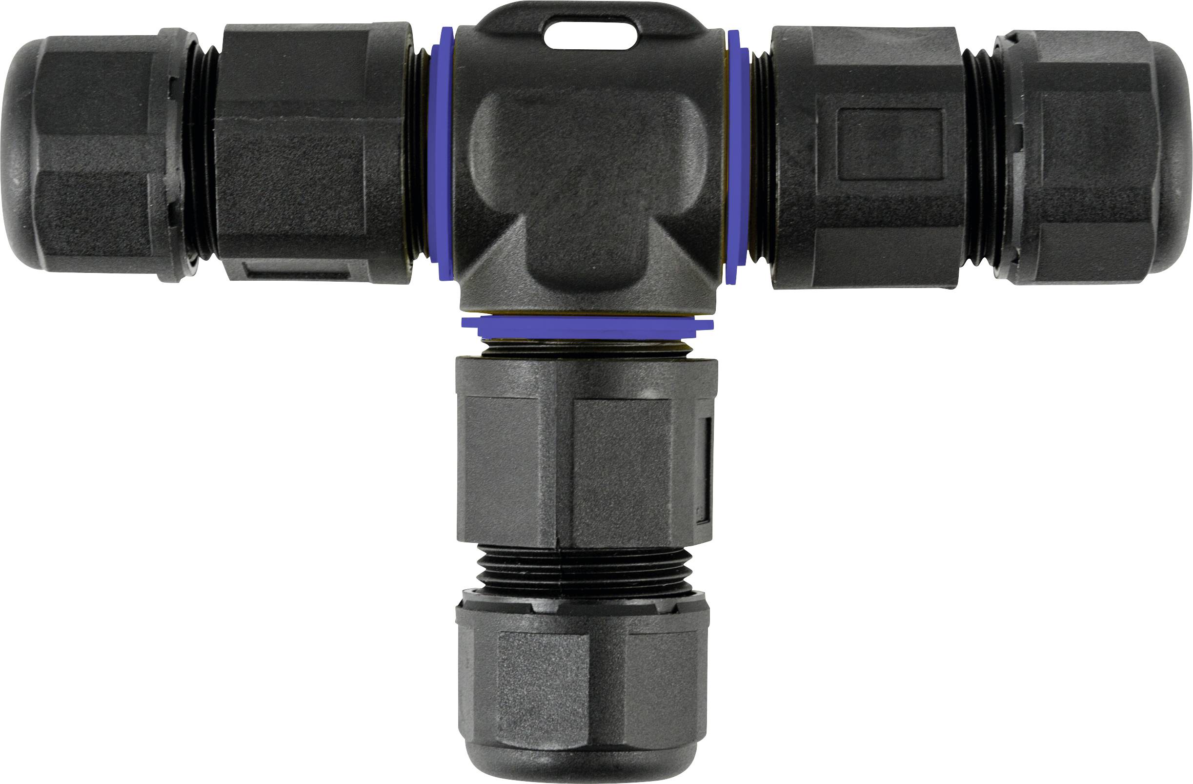 Zwarte T-vormige kabelconnector met blauwe accenten, geschikt voor buitengebruik, zichtbaar met drie aansluitpunten.