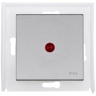 Een zilveren lichtschakelaar met een rood controlelampje, gemarkeerd met 'IP44', geschikt voor vochtige ruimtes.