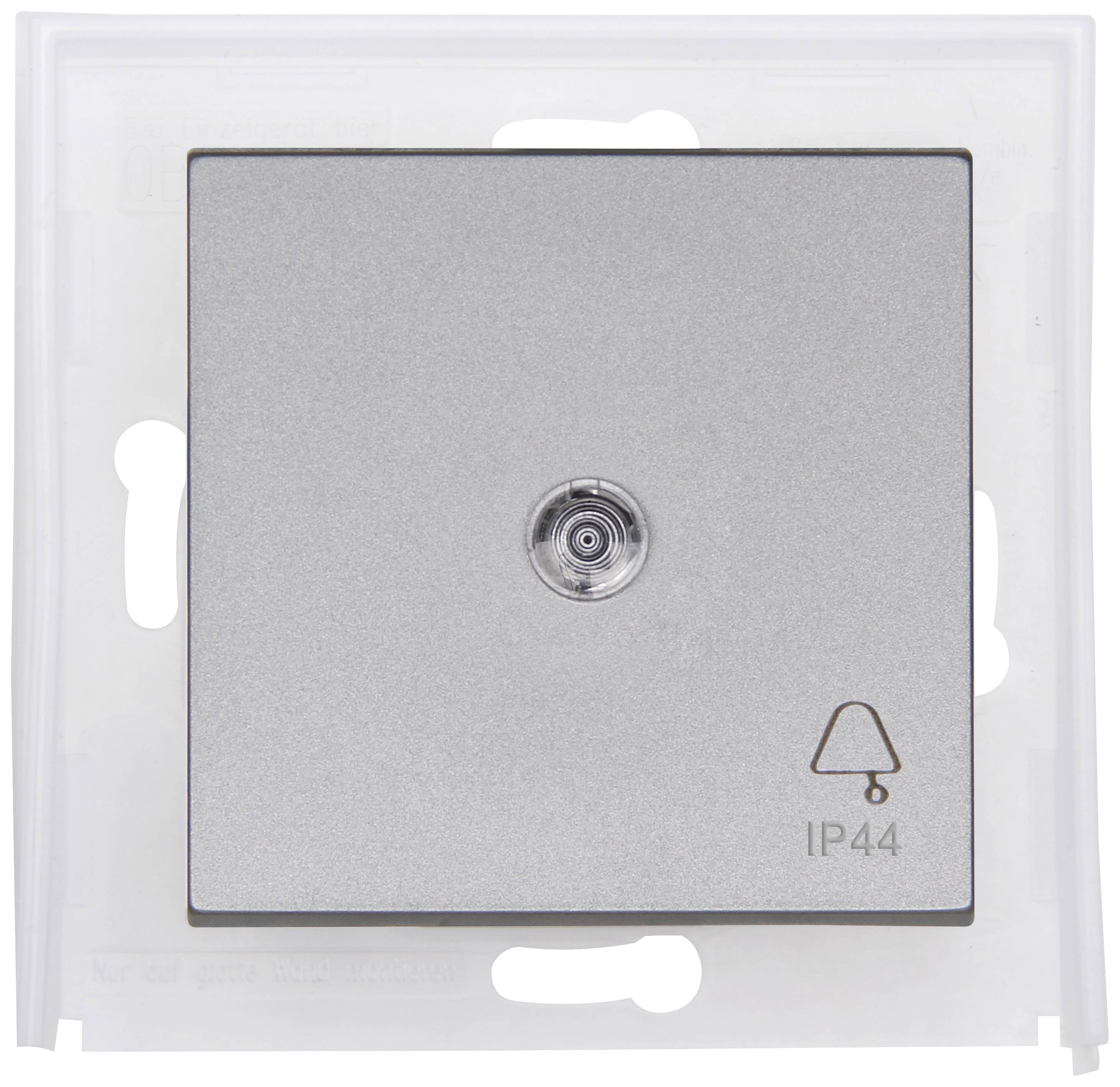 Zilveren deurbelknop met een kleine bel en daaronder een IP44-symbool, dat de waterdichtheid aangeeft.