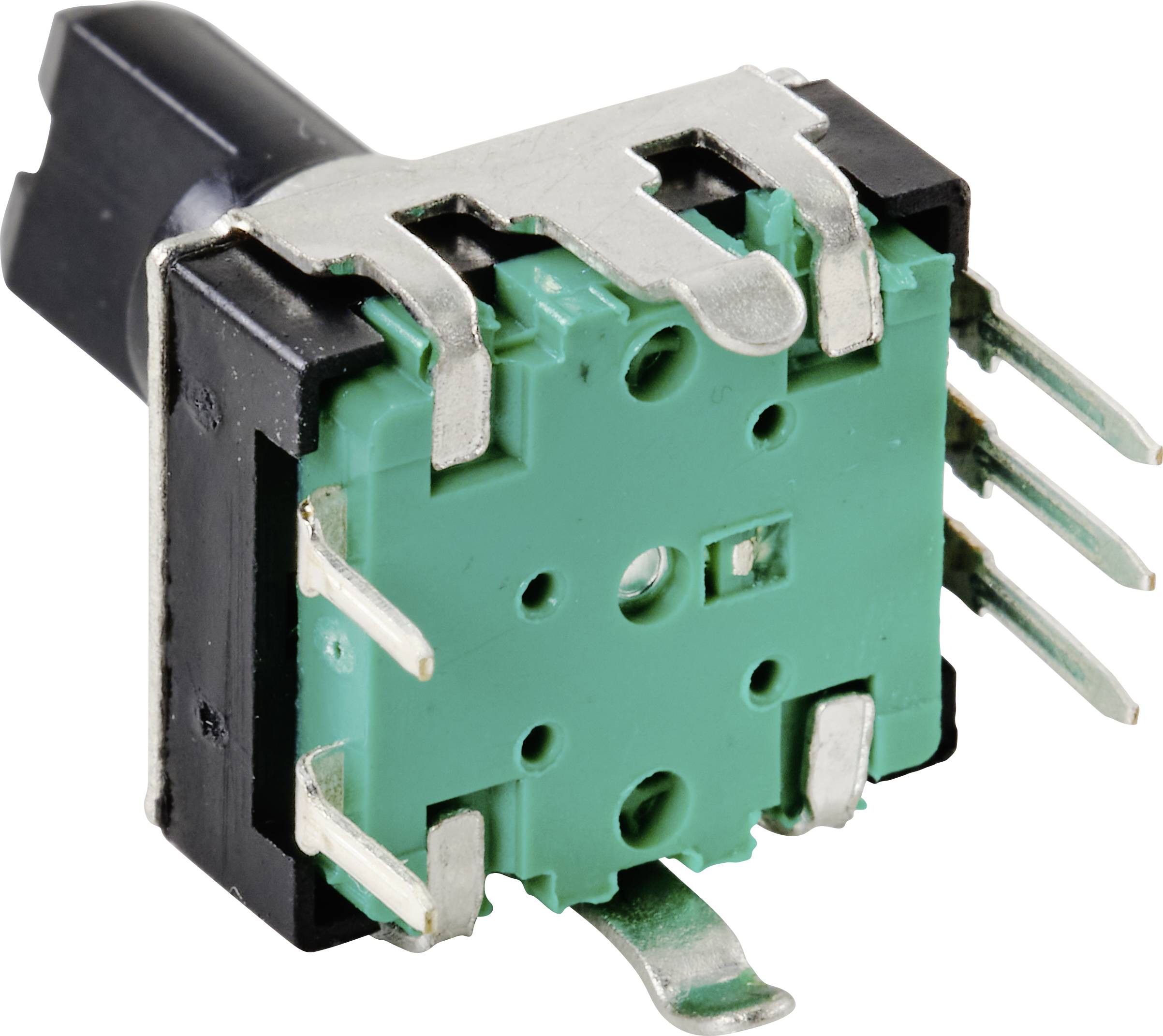 'Een elektrische schakelaar met een groene voet en meerdere metalen pinnen voor bevestiging en verbinding.'