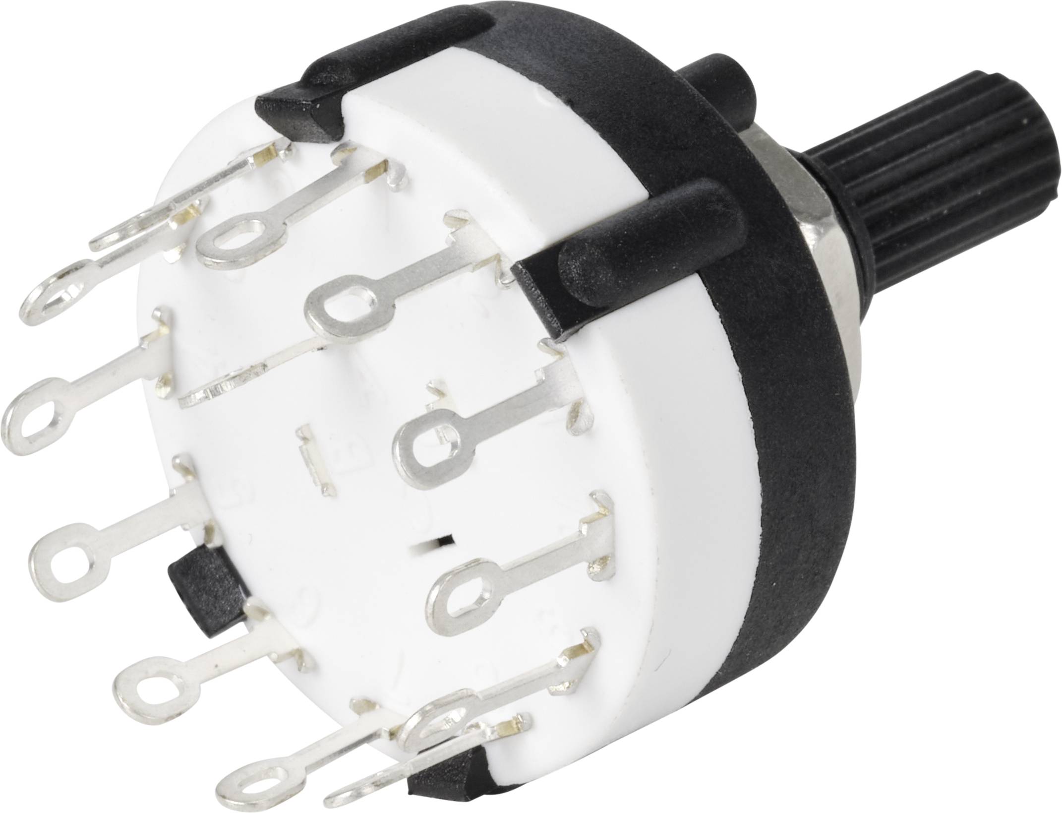 Een witte ronde draaiknop met verschillende metalen pinnen aan de onderkant en een geribbelde zwarte knop bovenop.