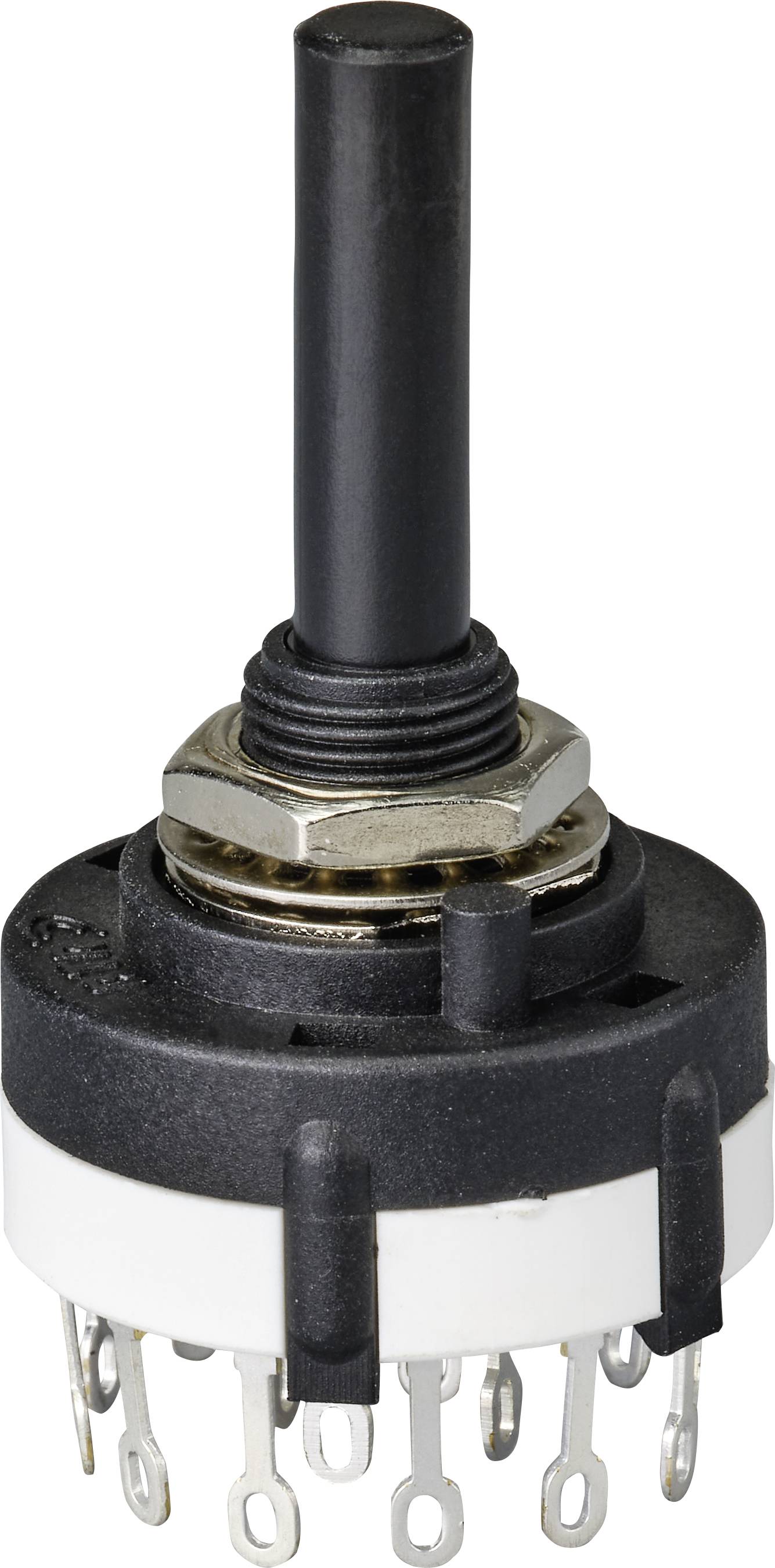 Draaischakelaar met tien contactpennen, zwarte schacht en metalen moer. Gebruikt in elektronische toepassingen voor kanaal- of modusselectie.