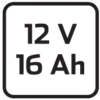 '12 V 16 Ah' in witte letters op zwarte achtergrond.