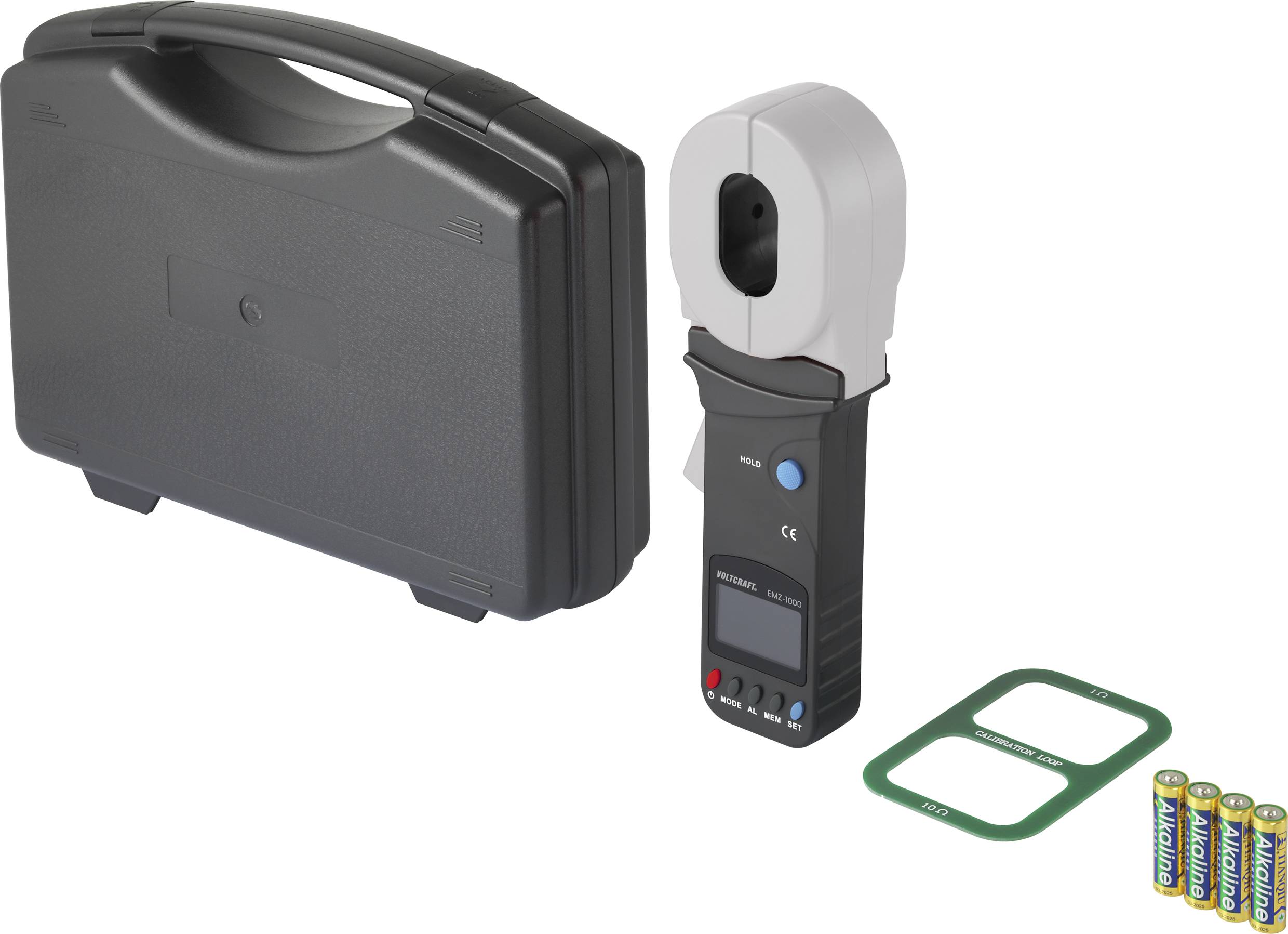 Een draagbare kabeltest-meter met display, batterijen, masker en robuuste kunststof koffer. Ideaal voor elektriciens en technici.