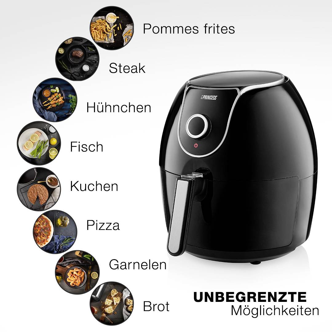 Airfryer met verschillende gerechten: Patat, Steak, Kip, Vis, Cake, Pizza, Garnalen, Brood. Tekst: 'EINDELOZE mogelijkheden'.