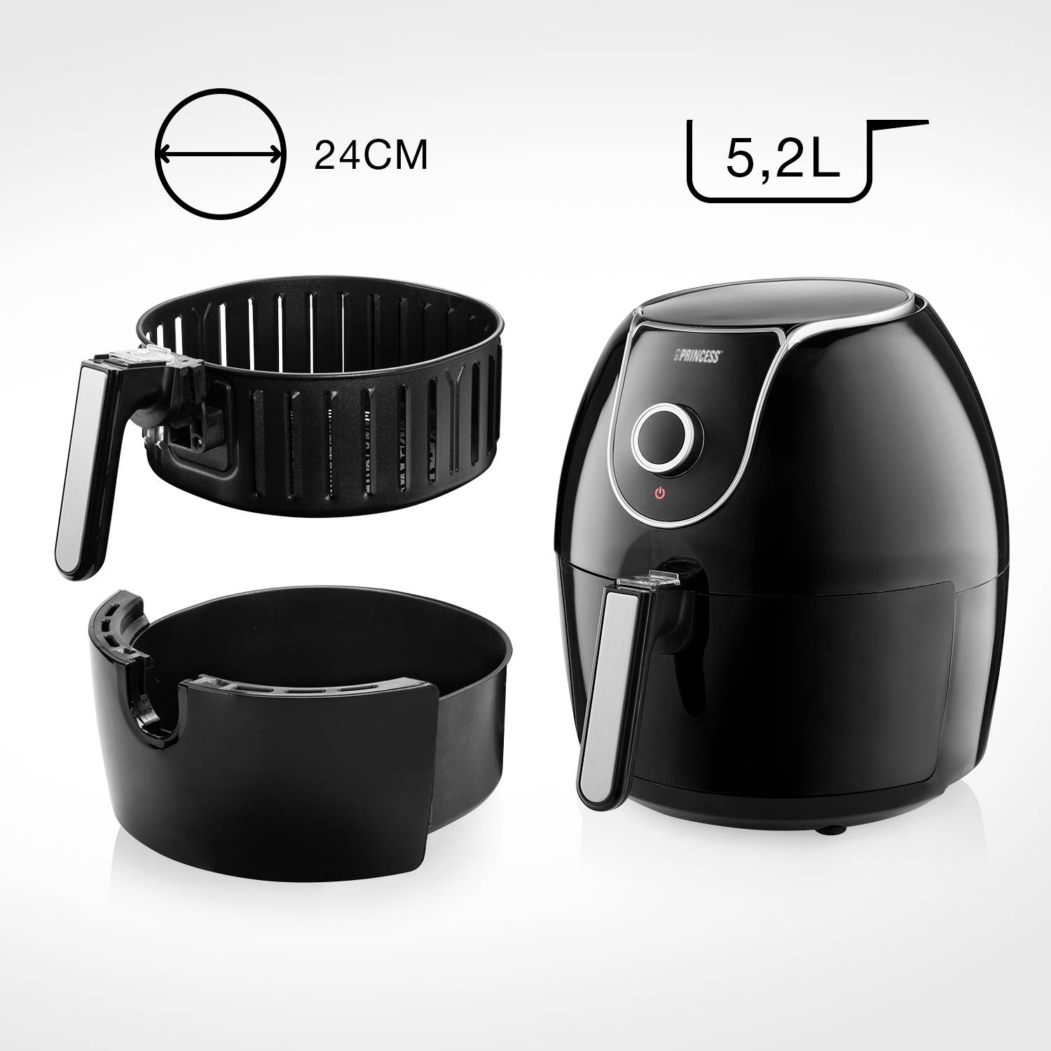 Zwarte heteluchtfriteuse met uitneembare mand en container, capaciteit van 5,2 liter, diameter 24 cm.