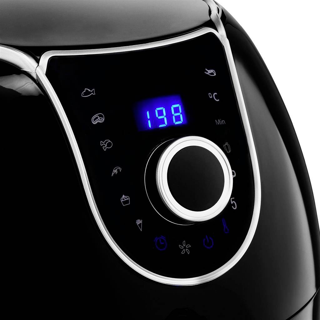 Zwarte heteluchtfriteuse met digitaal display, temperatuurweergave van 198 graden Celsius, verschillende kooksymbolen en bedieningsknop.