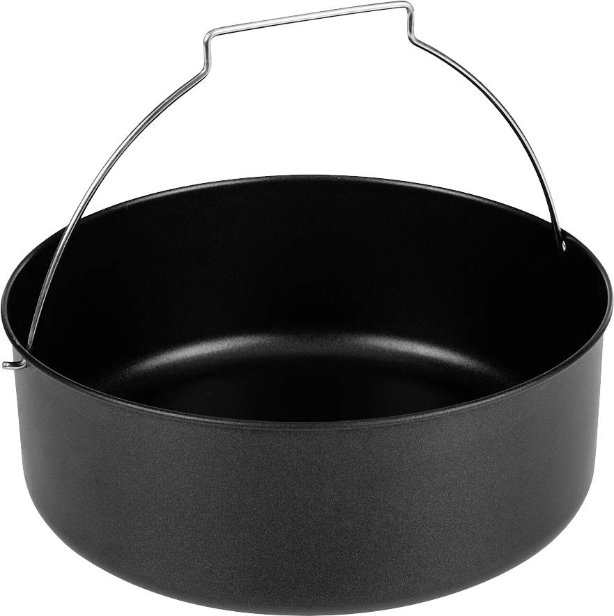 Zwarte, ronde kookpan met metalen handvat, geschikt voor kamperen en koken in de buitenlucht.