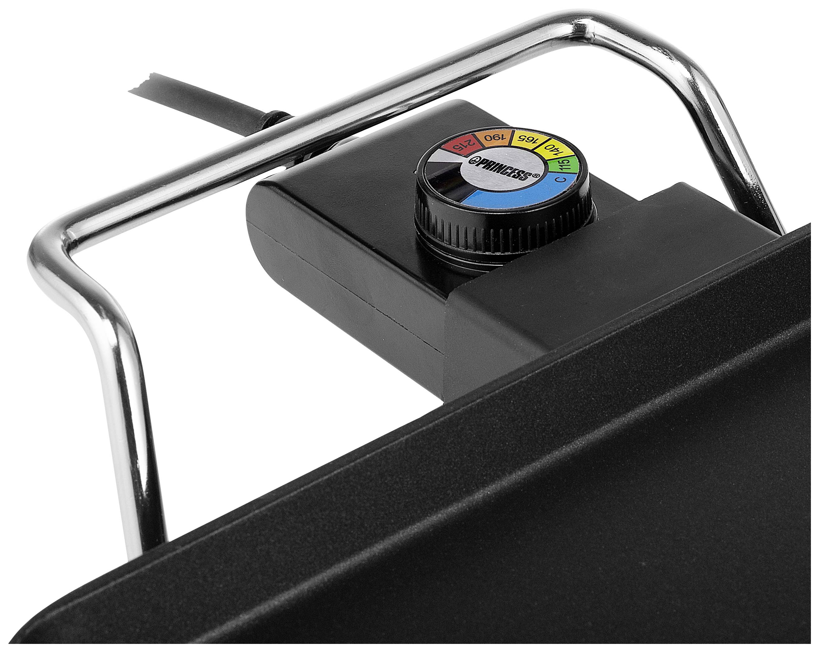 Temperatuurregelaar van een elektrische tafelgrill met gekleurde markeringen voor verschillende temperatuurbereiken.