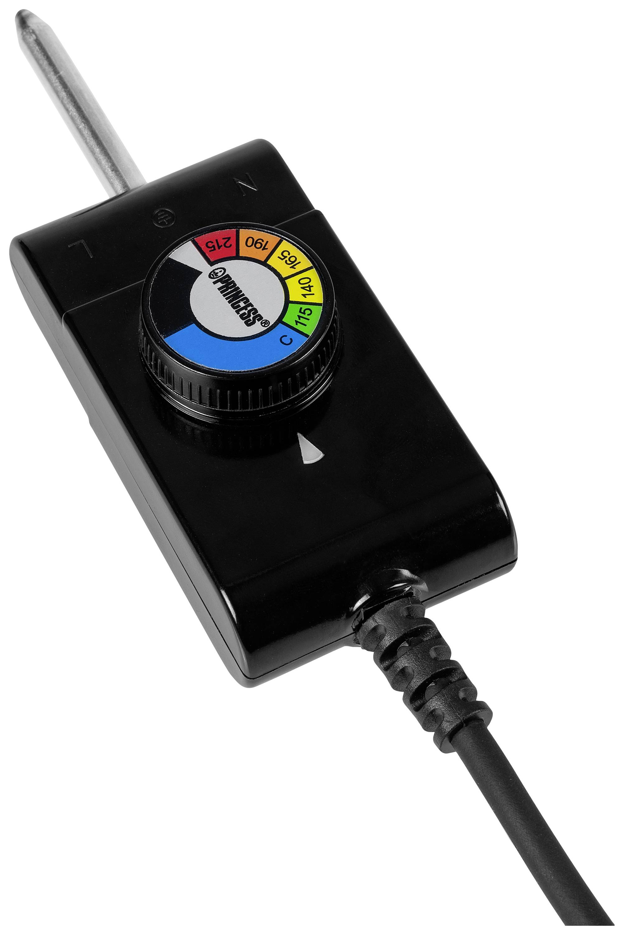 Een zwarte temperatuurregelaar met kabel, draaiknop toont verschillende temperatuurinstellingen in kleuren en cijfers.