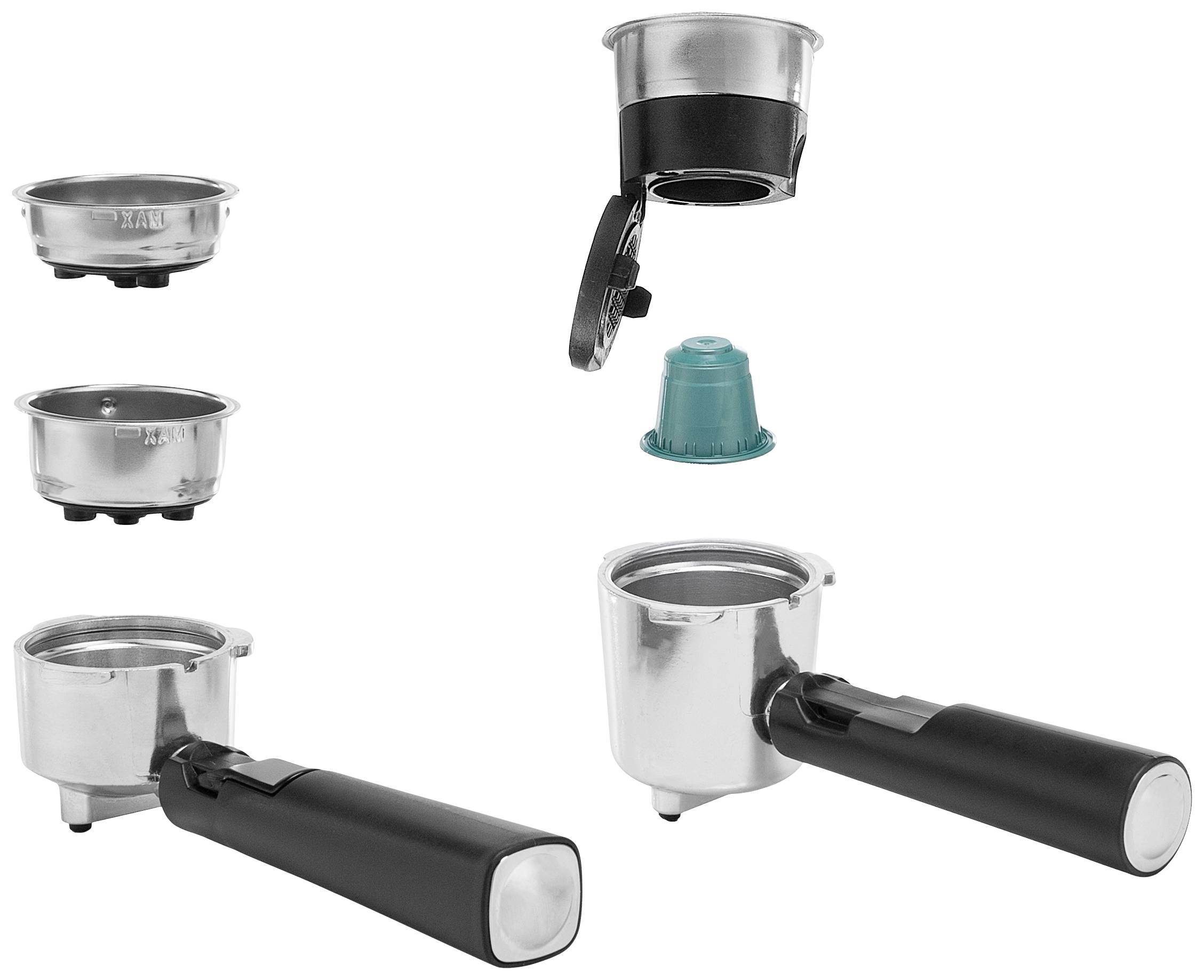 Een filterhouder met diverse gebruiksmogelijkheden: voor koffiepads, capsules en gemalen koffie.