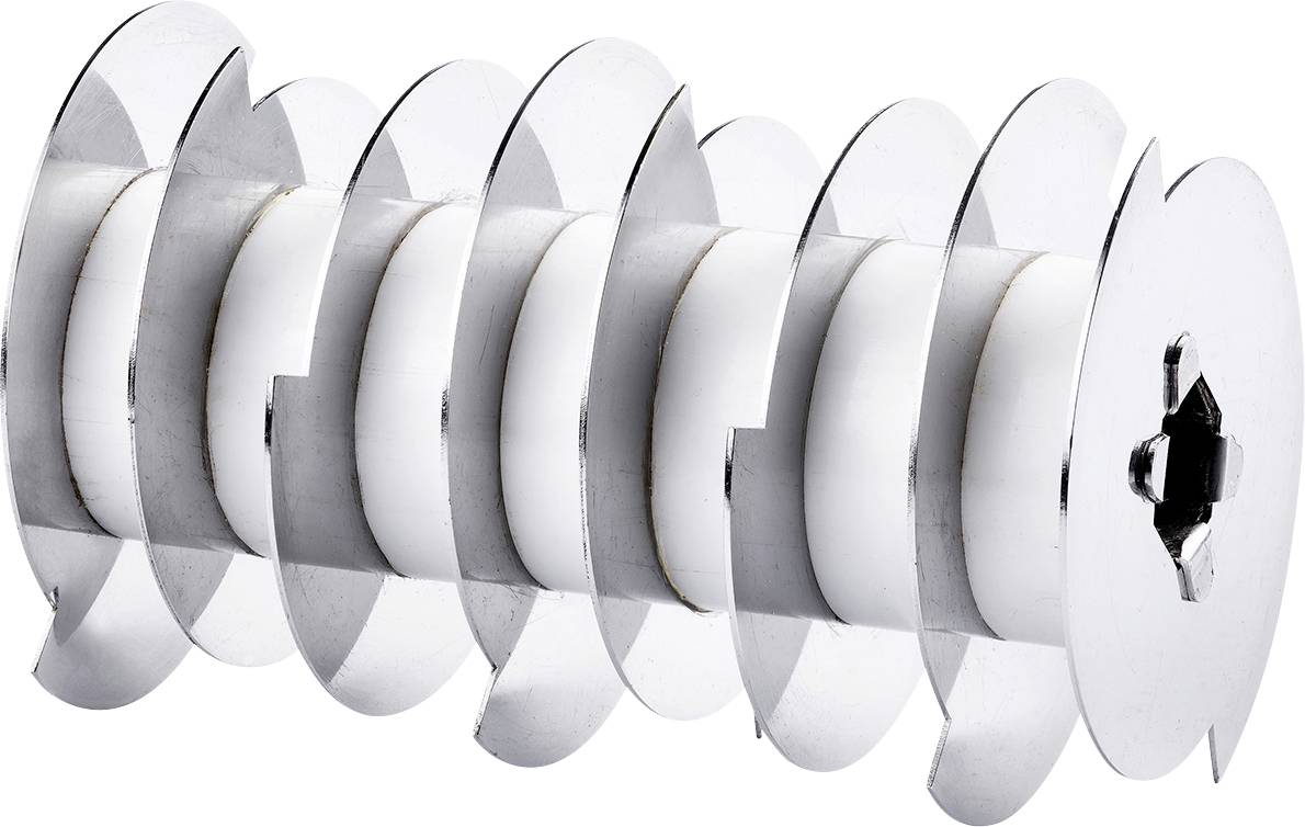 Een spiraalvormige metalen structuur met meerdere witte, ronde elementen tussen de schijven, mogelijk onderdeel van een technisch apparaat.