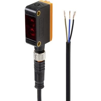 Sensor met kabelaansluiting, drie blootliggende draden, zwart kunststof behuizing, rood lichtvenster, industriële toepassing.