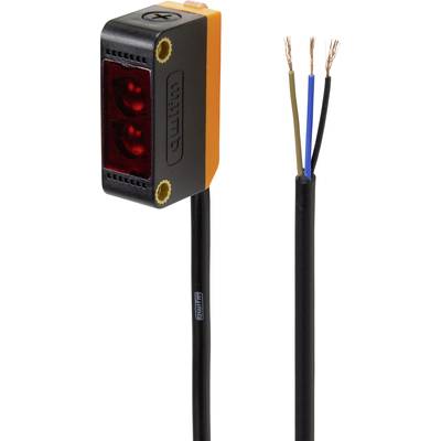 Een rechthoekige sensor met oranje zijkanten en een zwarte voorkant met zichtvenster en kabelaansluiting; drie losse draden steken uit.
