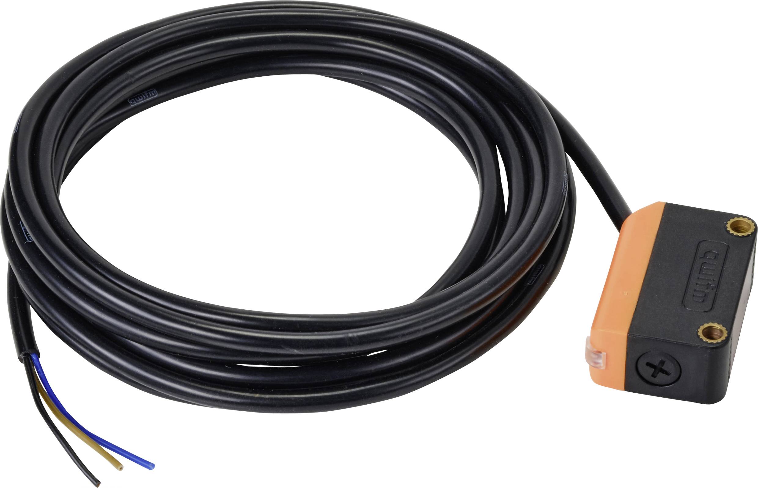 Een rechthoekige, oranje magneetsenor met een zwart kabel en ontblote uiteinden, klaar voor elektrische installatie.