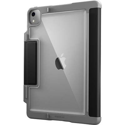 Grijs beschermhoesje met geïntegreerde standaard voor een tablet, met zichtbaar Apple-logo aan de achterkant, camera-opening linksboven.