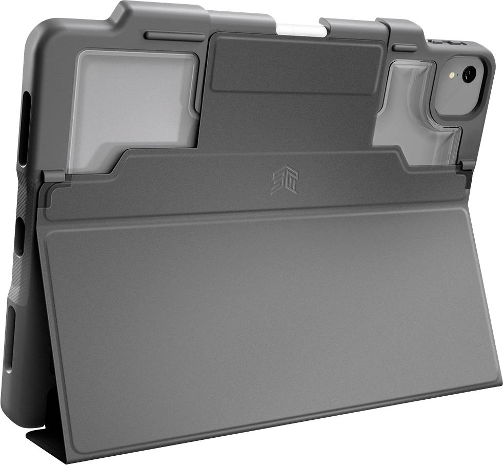 Een zwarte tablet staat in een beschermende behuizing die de achterkant en randen bedekt. Een cameraopening is zichtbaar.