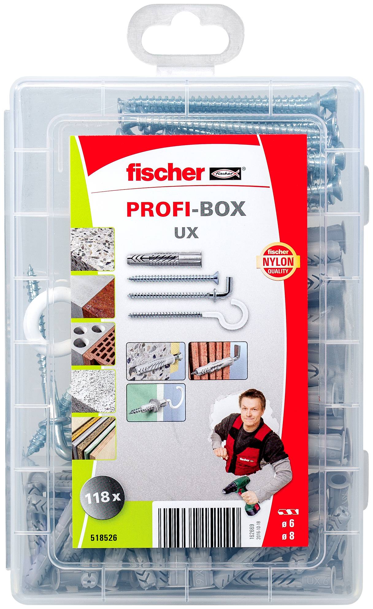 Verpakking met 118 pluggen en schroeven in verschillende maten, geïllustreerd met toepassingsvoorbeelden voor wanden en diverse materialen.