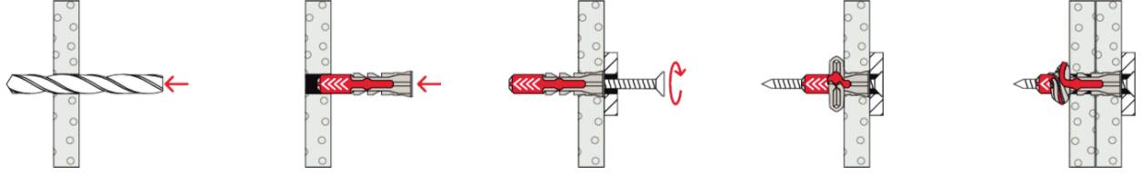 Stapsgewijze handleiding voor het monteren van pluggen: Boren, plug plaatsen, schroef indraaien, plug zet uit, stevig bevestigd.