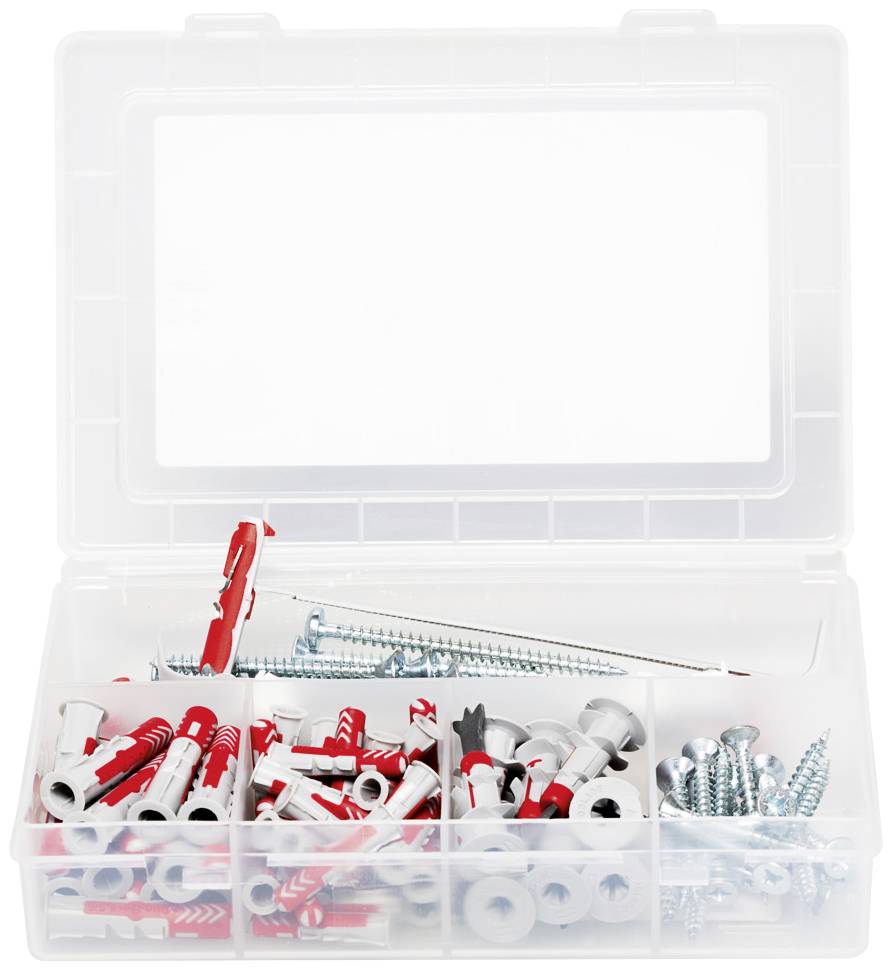 Een geopende kunststof opbergdoos met verschillende schroeven en pluggen georganiseerd in vakken, klaar voor doe-het-zelfwerkzaamheden.
