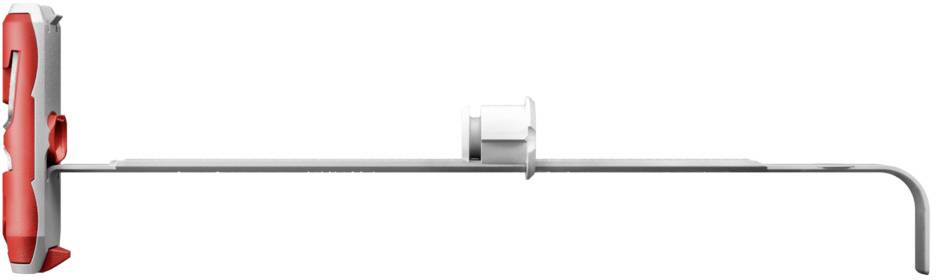 Gereedschap met rode handgreep en lange metalen steel, dat waarschijnlijk wordt gebruikt voor technische of ambachtelijke werkzaamheden.