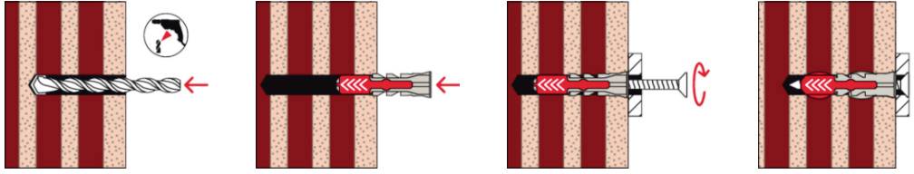 Illustratie toont stapsgewijze handleiding: Boor boort gat, plug wordt geplaatst, schroef wordt gedraaid en vastgezet.