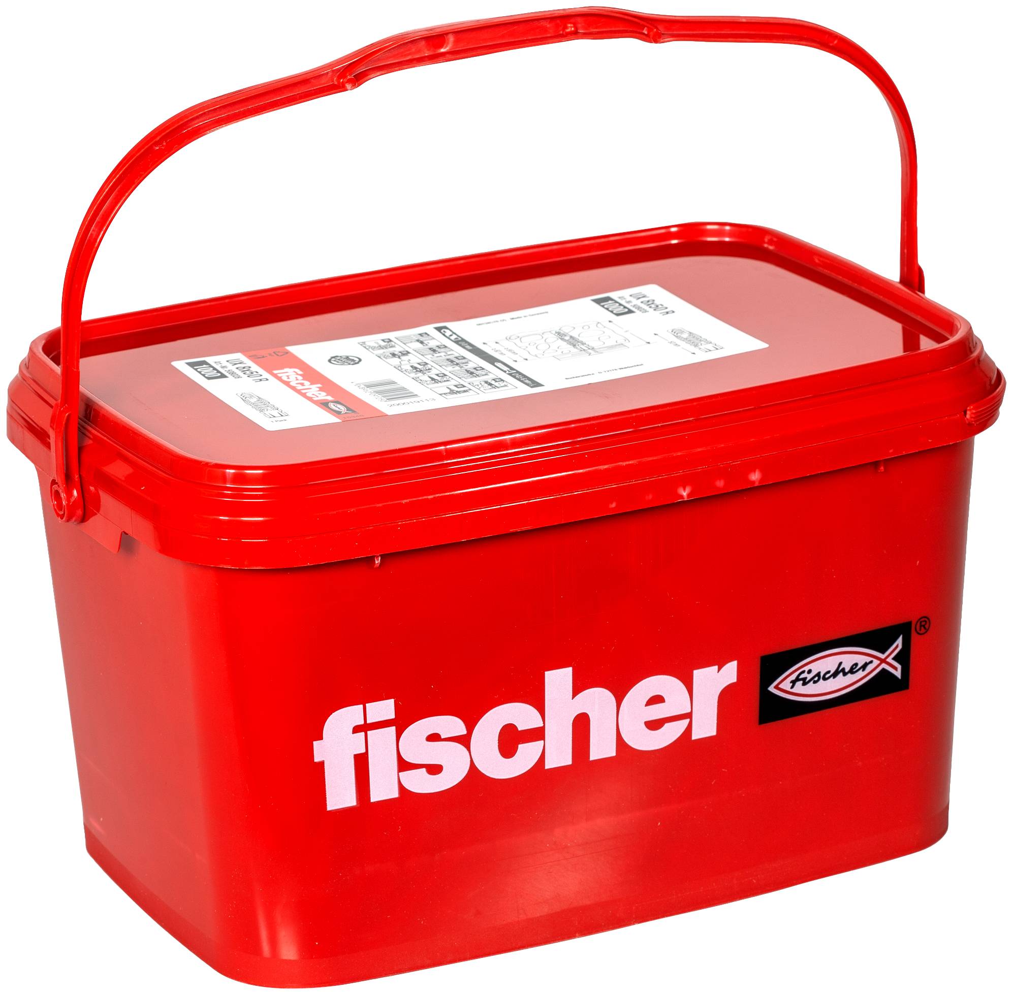 Rode plastic Fischer-merks opslagbak met scharnierdeksel en draaggreep, afgebeeld op een witte achtergrond.