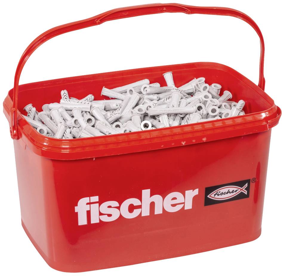 Een rode emmer met wit 'fischer' logo, gevuld met grijze pluggen.