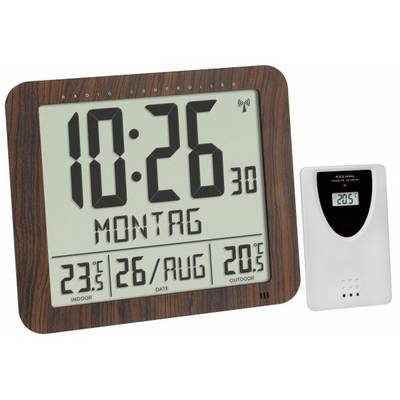 Digitale radiogestuurde klok toont 10:26 uur, maandag, 26 augustus. Binnentemperatuur: 23,5°C; Buitentemperatuur: 20,5°C. Rechts: Buitensensor.