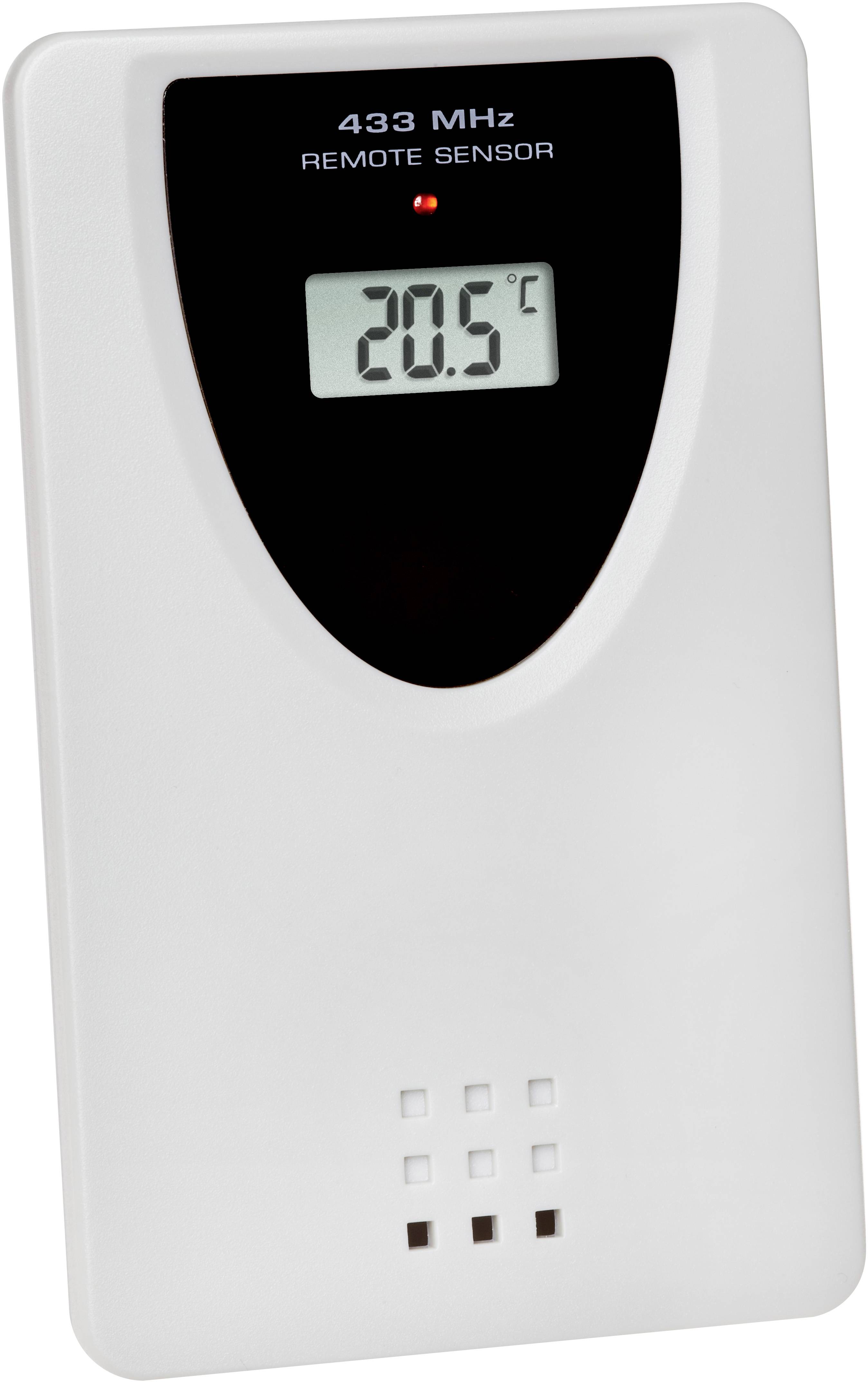 Een witte afstandssensor met een klein digitaal display toont '20,5 °C'. Bovenaan staat '433 MHz REMOTE SENSOR'.
