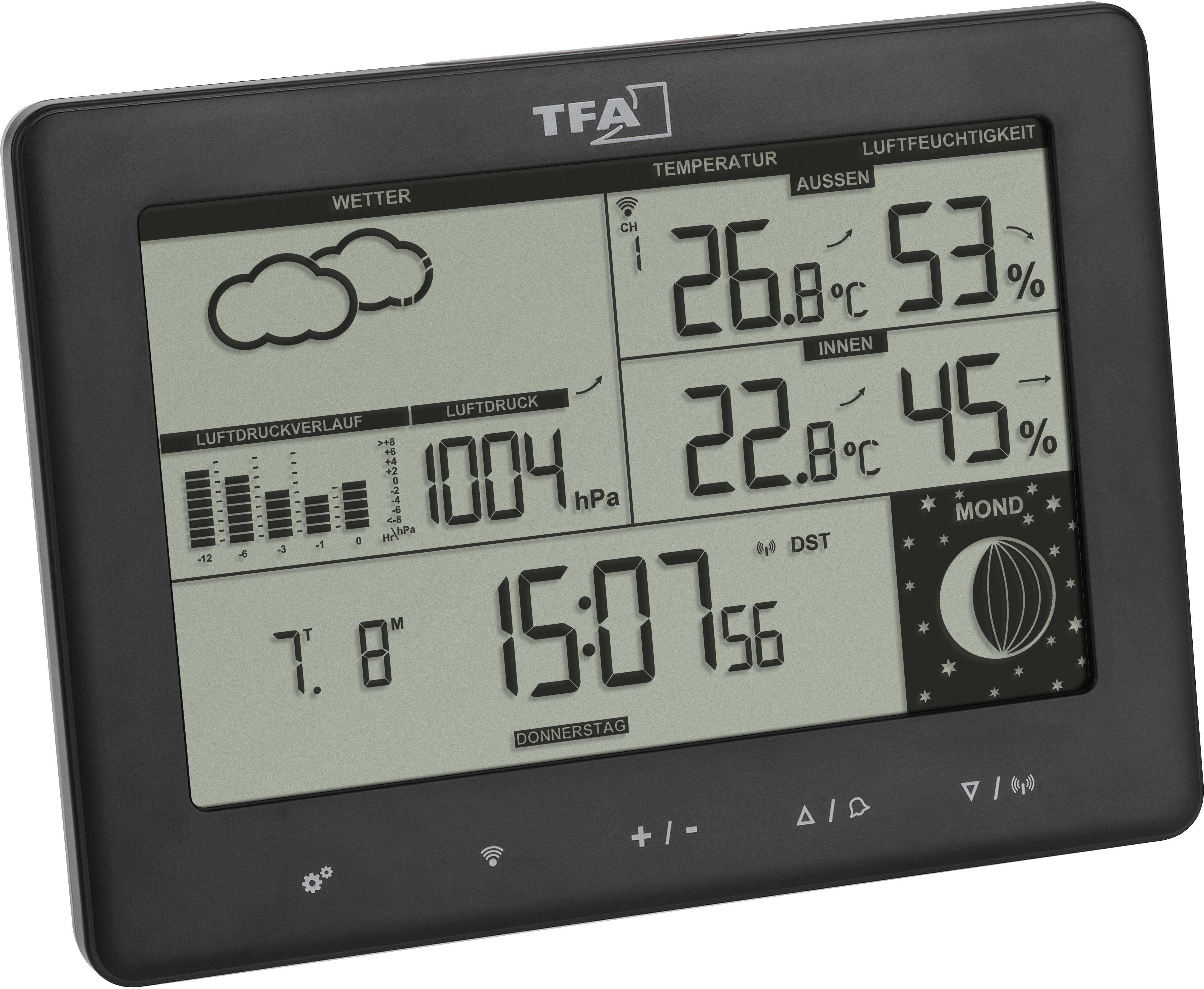 Digitale thermometer toont temperatuur, luchtvochtigheid, weersvoorspelling met wolkensymbolen, luchtdrukverloop, datum en tijd.