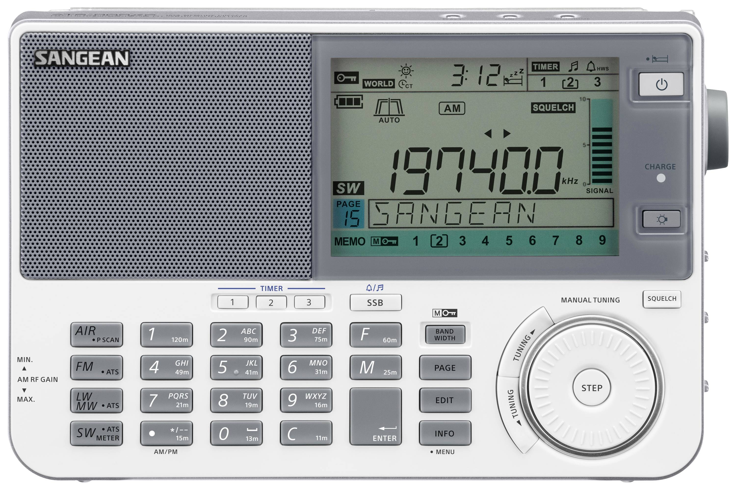 Een draagbare worldband-radio met een digitaal display toont 19740 kHz. Talrijke toetsen en regelaars voor zenderkeuze en afstelling zijn aanwezig.