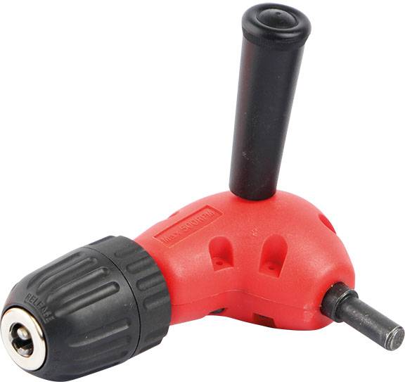 Een haakse boormachineadapter met een rood behuizing en zwarte handgreep. Geoptimaliseerd voor moeilijk bereikbare boringswerkzaamheden.