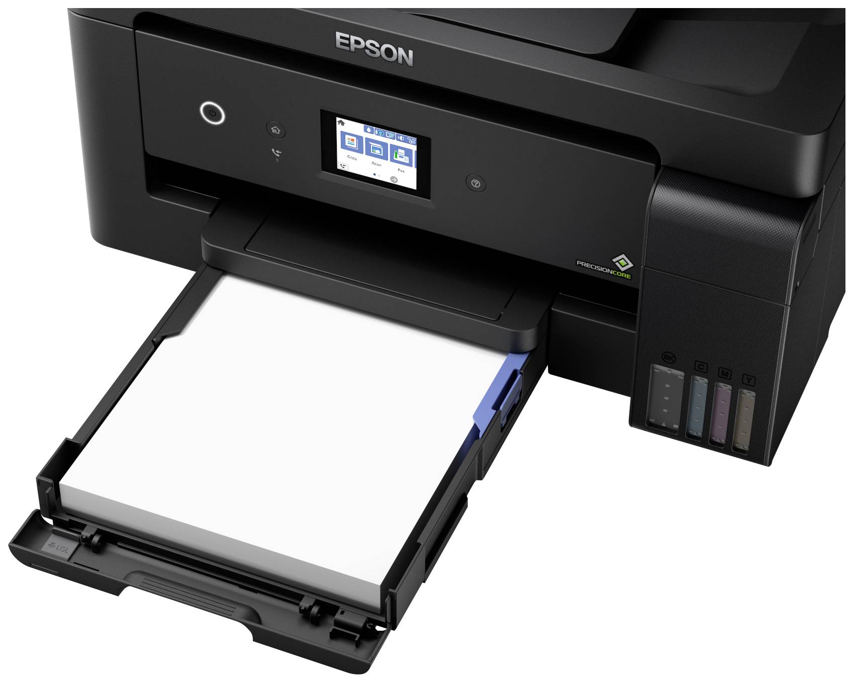 Een zwarte printer met een open papierlade en zichtbaar inktniveau. Het display toont printerinstellingen.