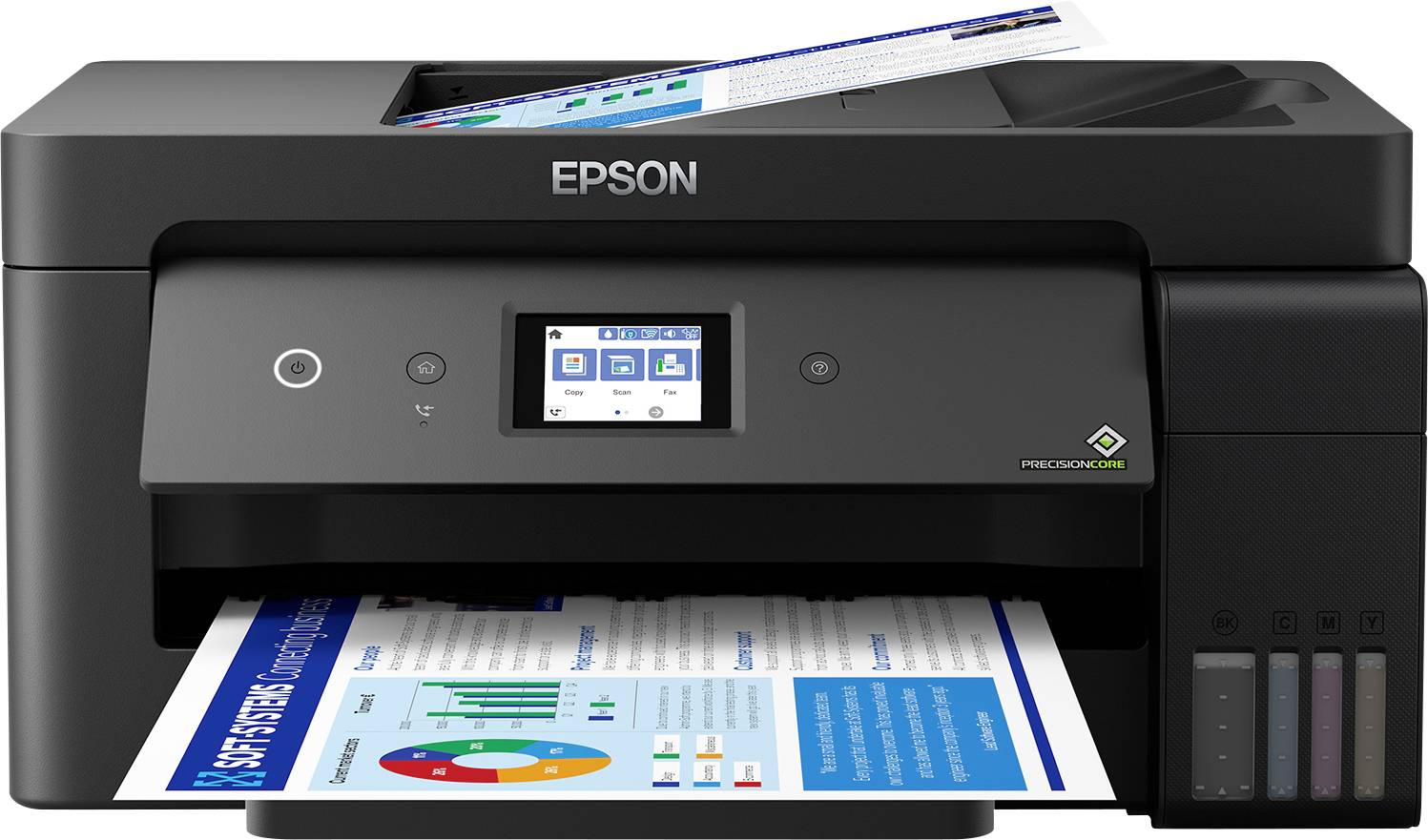 Een Epson-printer drukt gekleurde diagrammen af op een vel papier. Op het scherm zijn afdrukinstellingen zichtbaar.