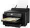 Zwarte multifunctionele printer met bedieningspaneel, drukt gekleurd document met grafieken en diagrammen af op A4-papier.