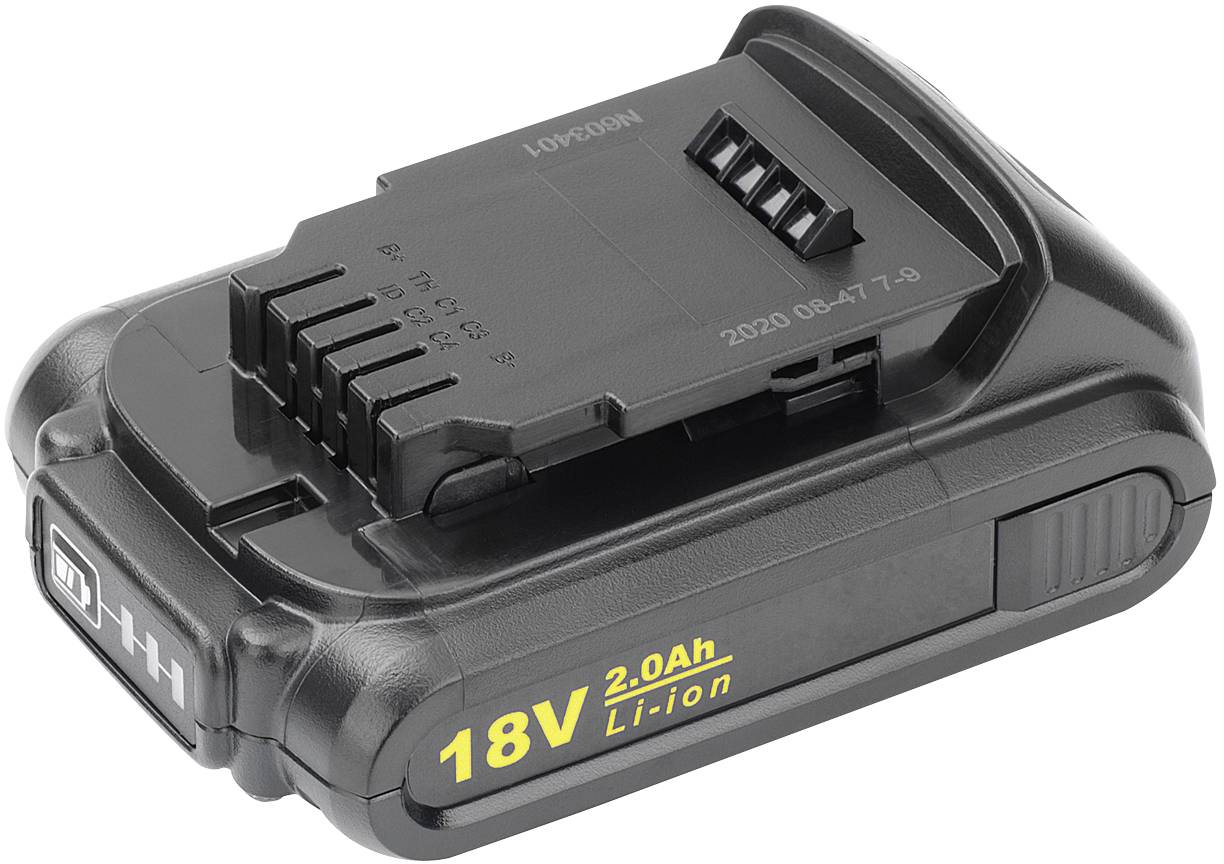 Zwarte 18V lithium-ion-accu met 2,0Ah capaciteit, geschikt voor elektrisch gereedschap. Toont elektrische contacten en behuizing.