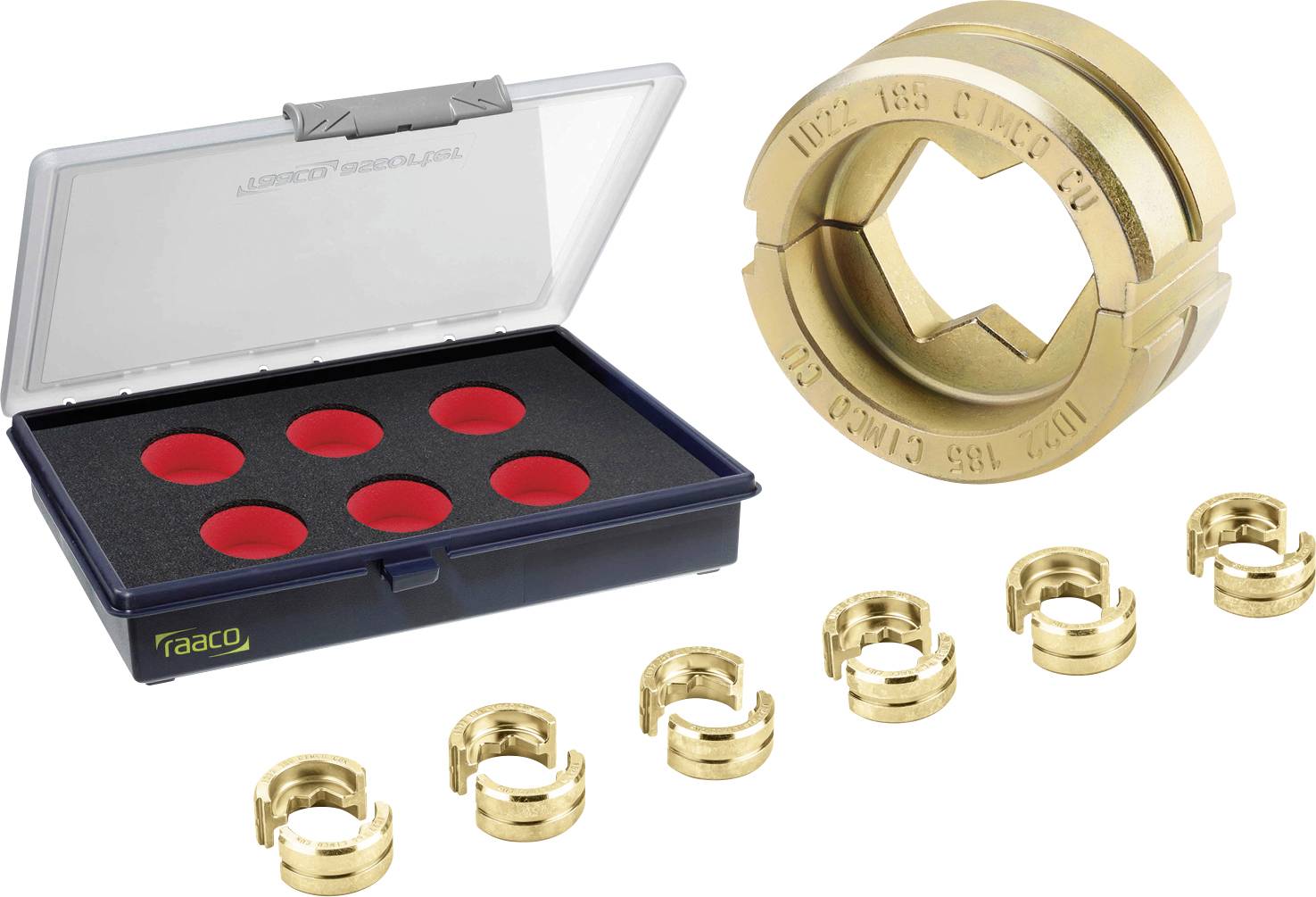 Een open koffer met zes rood gevoerde cirkels en ernaast twee riemspanneradapters van messing in verschillende formaten.