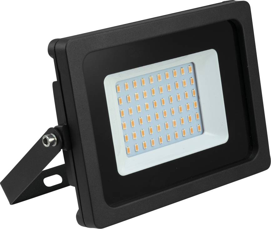 Zwarte LED-schijnwerper met rechthoekig frame en meerdere kleine lichtdiodes, geschikt voor buitenverlichting.