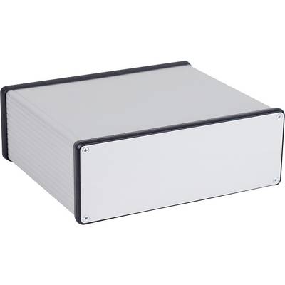 Een rechthoekig, zilverkleurig metalen behuizing met een zwarte rand en afgeronde hoeken.
