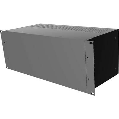 Grijs gelakt, rechthoekig metalen behuizing met ventilatiesleuven, geschikt voor montage in een server- of elektronisch rek.